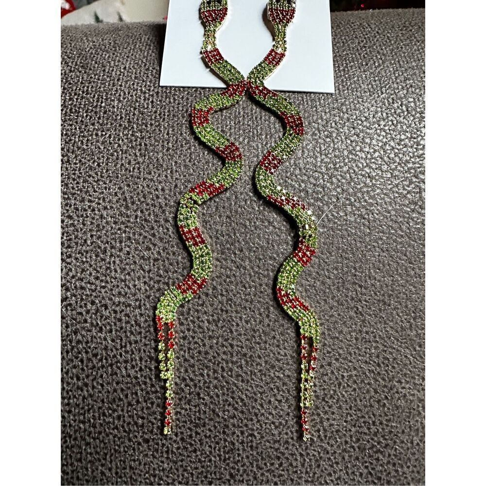 Betsy Johnson whimsical snake linear drop earrings, made with cut glass and gems - Picture 10 of 11